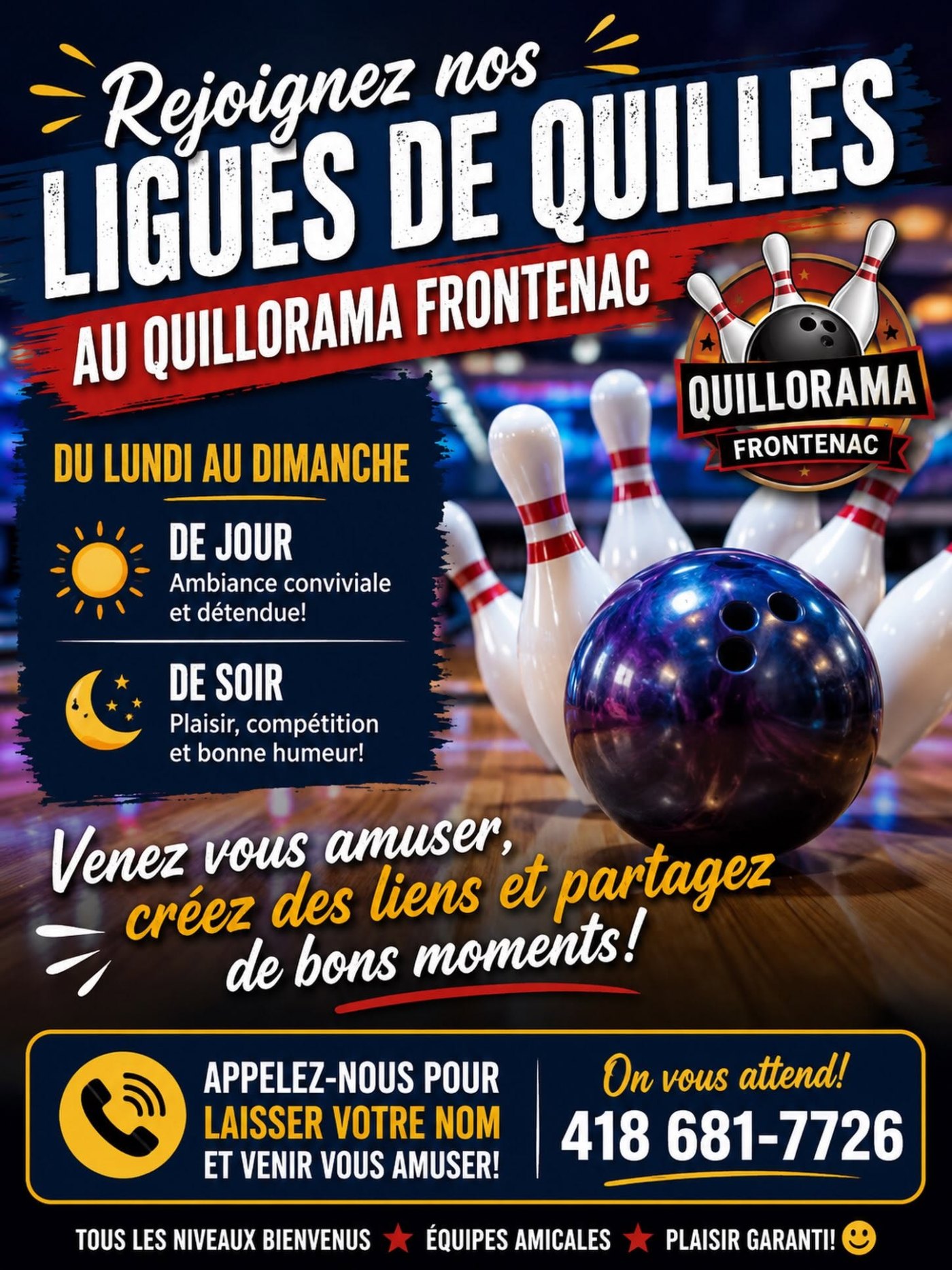 Rejoignez nos ligues de quilles au Quillorama Frontenac!